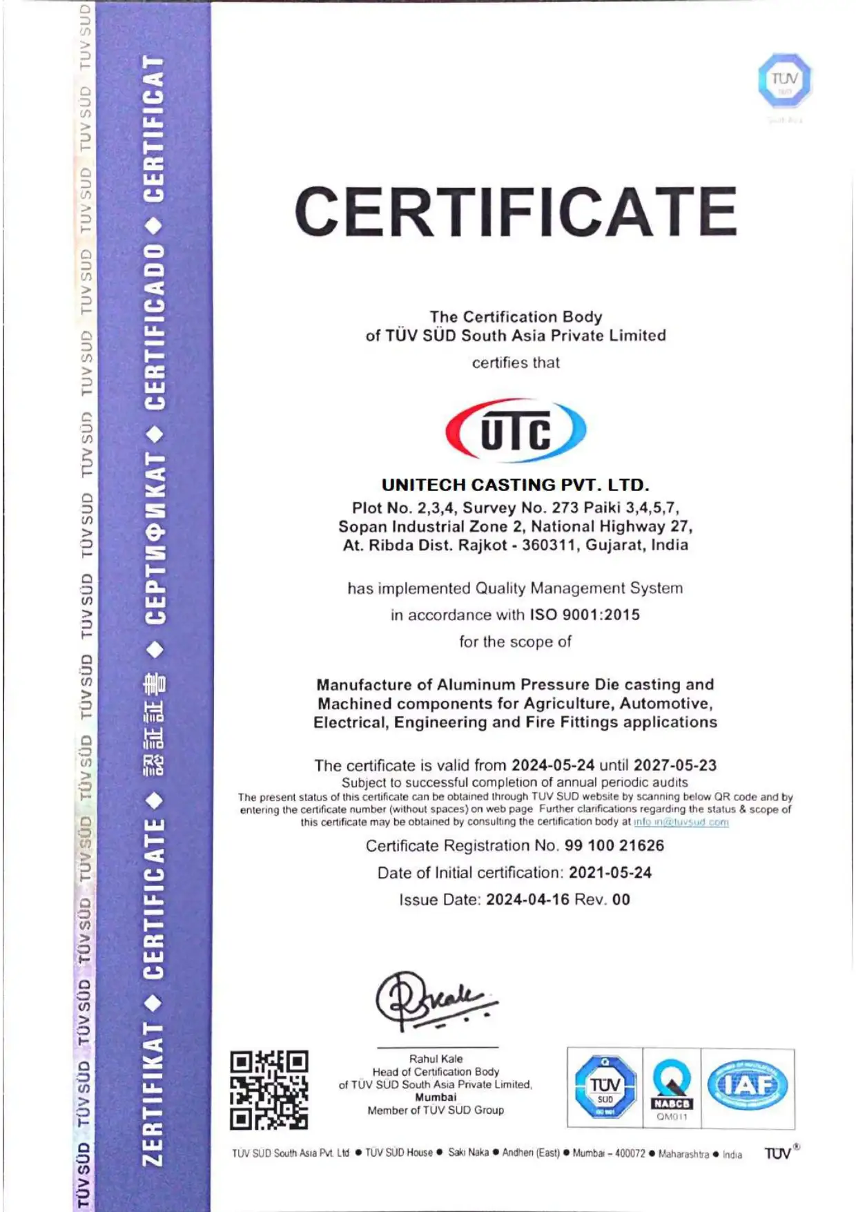ISO 9001:2015 certificate awarded by TÜV SÜD